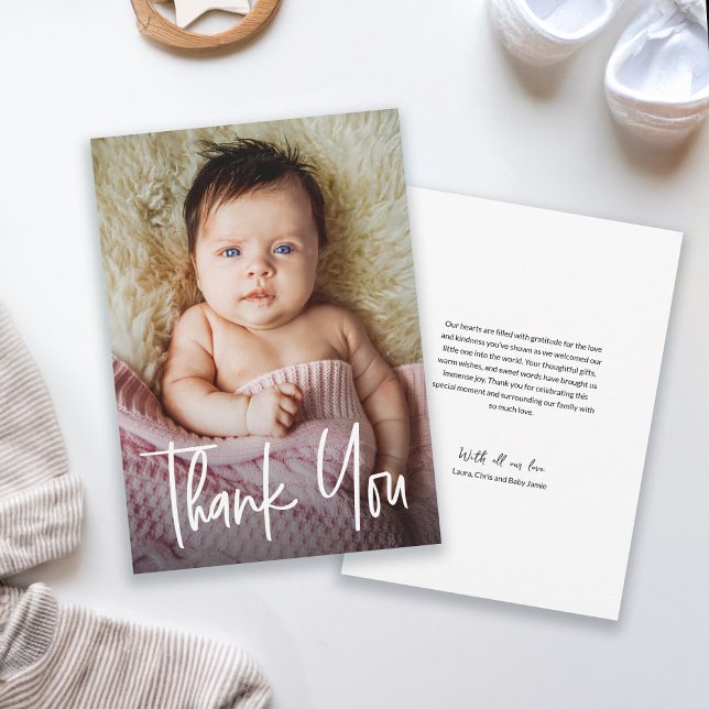 Modernes Foto für Handschriften mit individuellem  Dankeskarte (Cute Baby Girl photo Handlettering shower thank you card with personal message.)