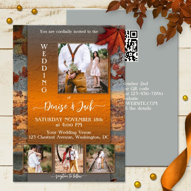 Modernes Foto für Industriedesign Hochzeit im Herb Einladung (Industrial design wedding invitation featuring 4 of your own photos framed by weathered metal)