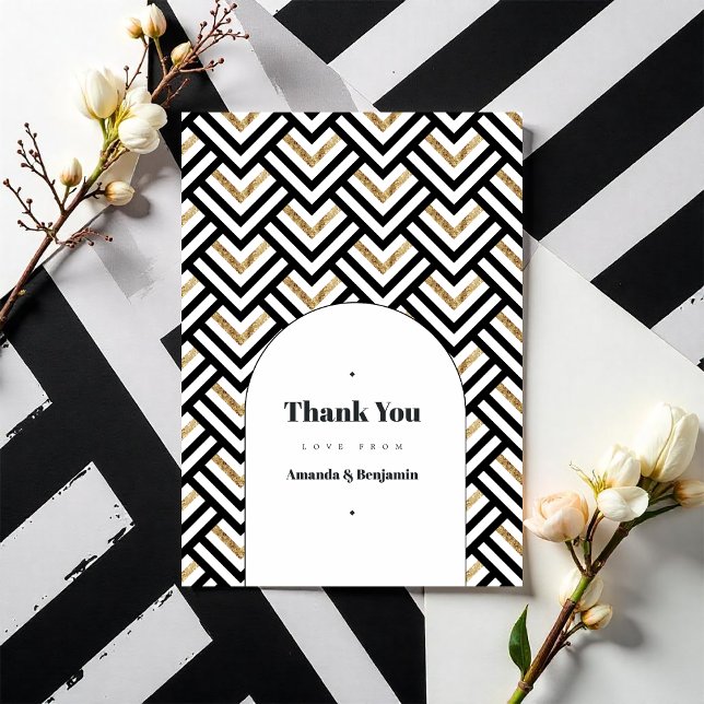 Modernes Foto für Schwarz und Gold Geometric Weddi Dankeskarte (Modern Black and Gold Geometric Wedding Photo Thank You Card)