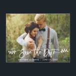 Modernes Foto für Script-Blätter in Pinselform Sav Postkarte<br><div class="desc">Modernes Pinselskript Save the Date Verlobung Verschiedenes Foto Postcard - Weißes Script mit Blätter</div>