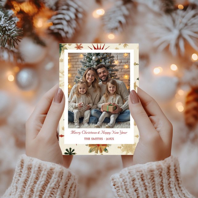 Modernes Foto für Vintage Goldschneeflocken Feiertagskarte (Modern Vintage Gold Snowflakes photo Holiday Card)