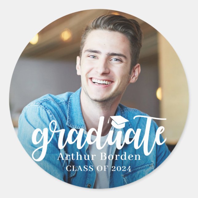 Modernes Foto für White Script-Abschluss Runder Aufkleber (Vorderseite)