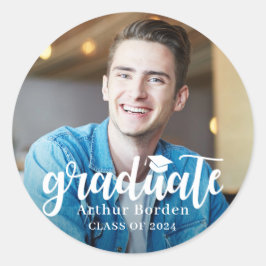 Modernes Foto für White Script-Abschluss Runder Aufkleber