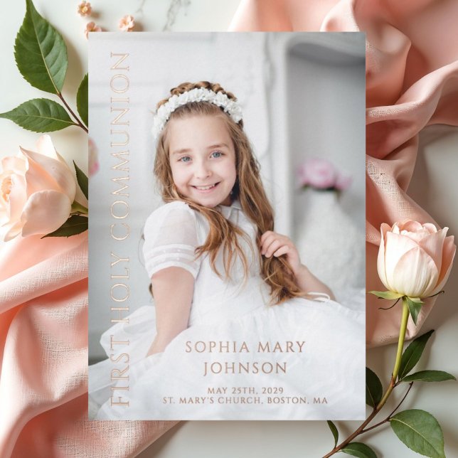 Modernes Foto Girl First Heilige Kommune Rose Gold Folieneinladung (Elegant Girl First Communion Photo Rose Gold Foil Invitation)