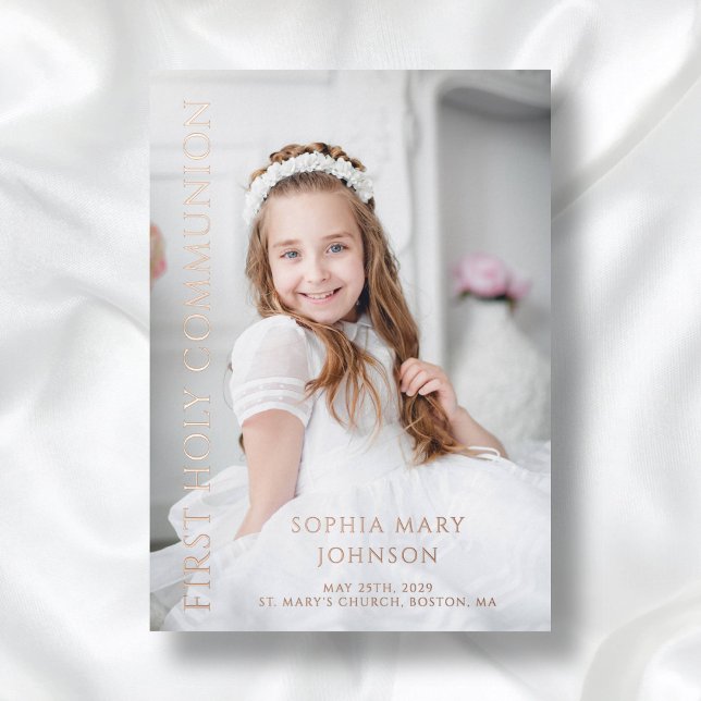 Modernes Foto Girl First Heilige Kommune Rose Gold Folieneinladung (Elegant Girl First Communion Photo Rose Gold Foil Invitation)