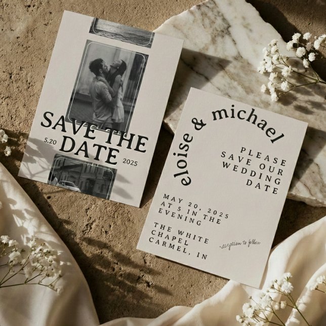 Modernes Foto-Gitter mit fett Serif Save the Date Einladung (Modern Save the Date Card featuring a striking photo grid layout and bold serif typography.)