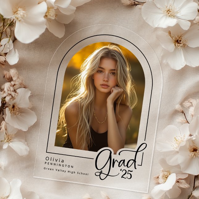 Modernes Foto Grad klare Akrylankündigung Acryleinladungen (Shown on a 5" x 7" clear acrylic invitation with Arch Corner Style)