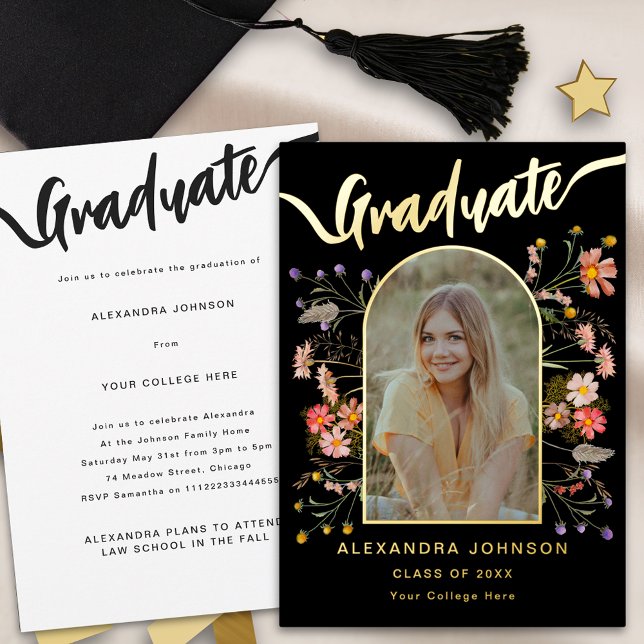 Modernes Foto Graduate Ankündigung Party Gold (Modern photo arch floral graduation announcement party invitation elegant trendy gold foil script)