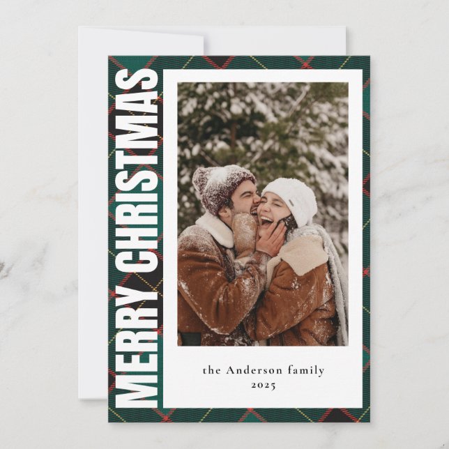 Modernes Foto Grün Kariert frohe Weihnachten (Vorderseite)