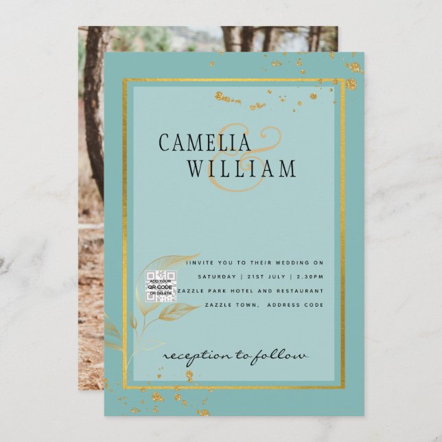 Modernes FOTO Hochzeit Einladung QR CODE UAWG AQUA (Vorne/Hinten)