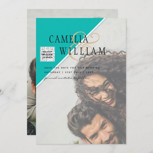 Modernes FOTO Hochzeit Einladung QR CODE UAWG AQUA (Vorne/Hinten)