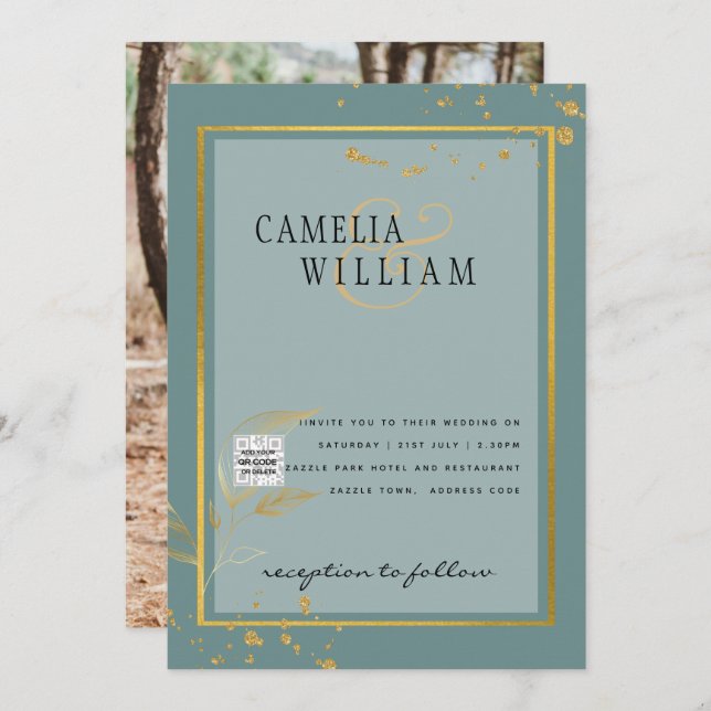 Modernes FOTO Hochzeit Einladung QR CODE UAWG AQUA (Vorne/Hinten)