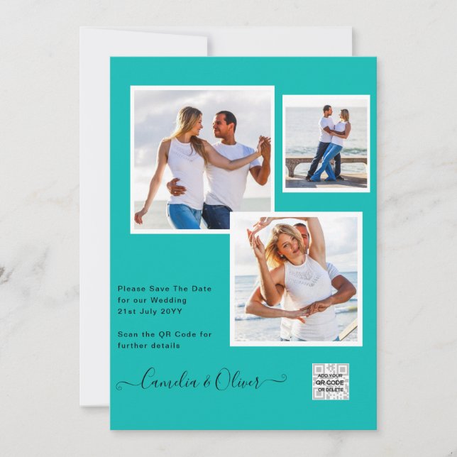 Modernes FOTO Hochzeit Einladung QR CODE UAWG AQUA (Vorderseite)
