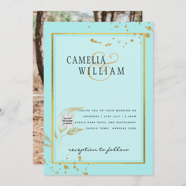 Modernes FOTO Hochzeit Einladung QR CODE UAWG AQUA (Vorne/Hinten)