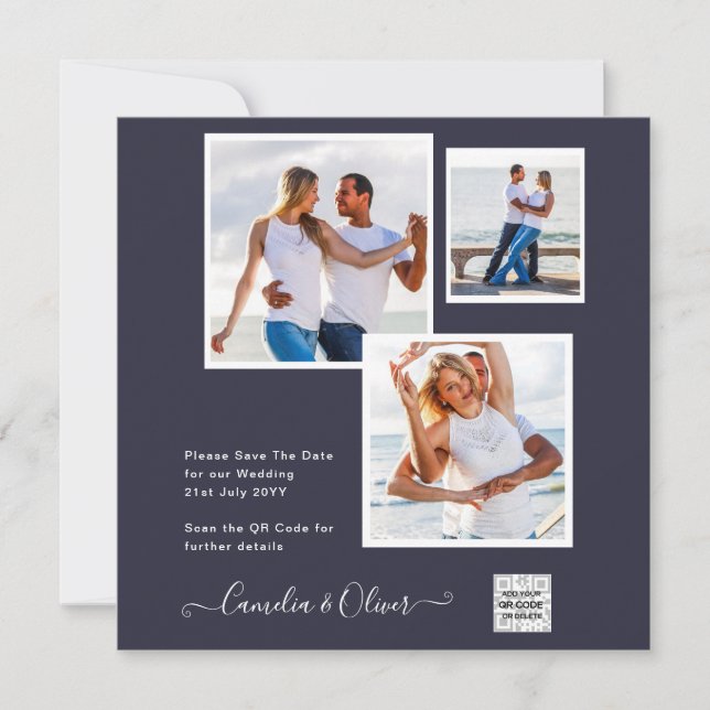 Modernes FOTO Hochzeit Einladung QR CODE UAWG Blue (Vorderseite)