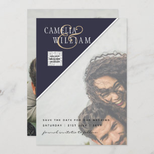 Modernes FOTO Hochzeit Einladung QR CODE UAWG Blue