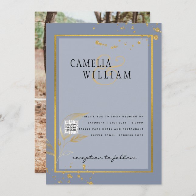 Modernes FOTO Hochzeit Einladung QR CODE UAWG Blue (Vorne/Hinten)