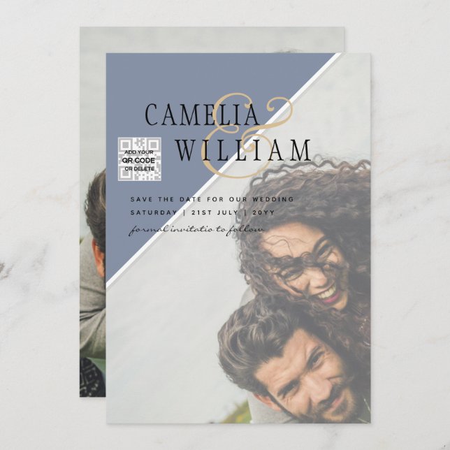 Modernes FOTO Hochzeit Einladung QR CODE UAWG Blue (Vorne/Hinten)