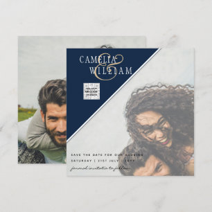 Modernes FOTO Hochzeit Einladung QR CODE UAWG Blue