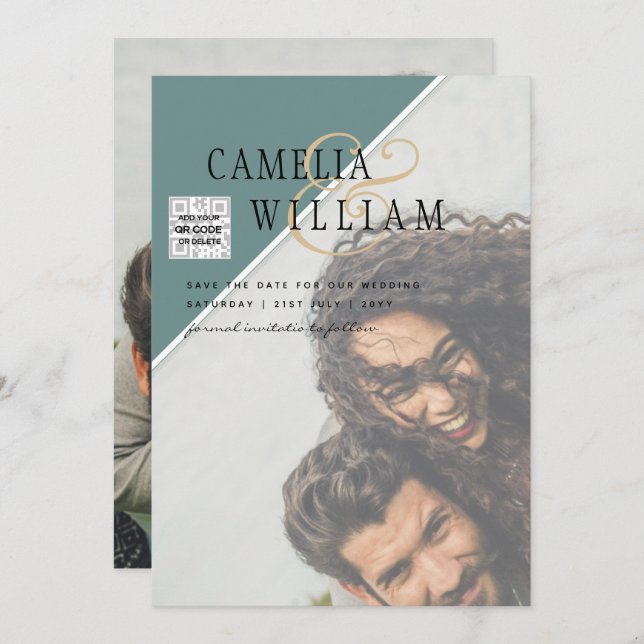 Modernes FOTO Hochzeit Einladung QR CODE UAwg Gree (Vorne/Hinten)