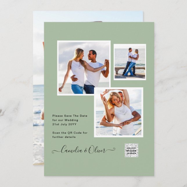 Modernes FOTO Hochzeit Einladung QR CODE UAwg Gree (Vorne/Hinten)