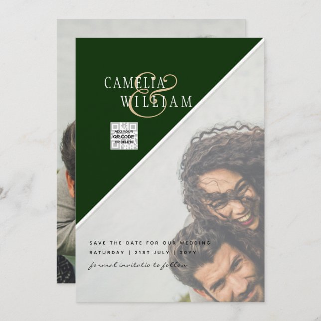 Modernes FOTO Hochzeit Einladung QR CODE UAwg Gree (Vorne/Hinten)
