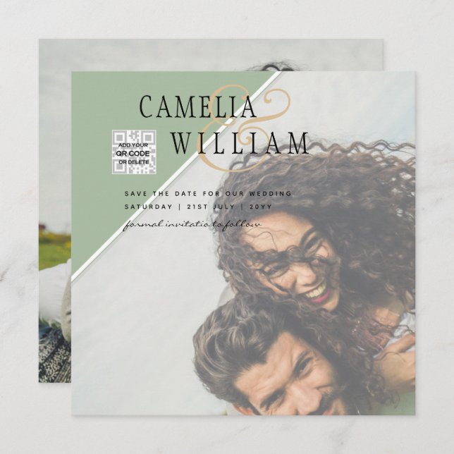 Modernes FOTO Hochzeit Einladung QR CODE UAwg Gree (Vorne/Hinten)
