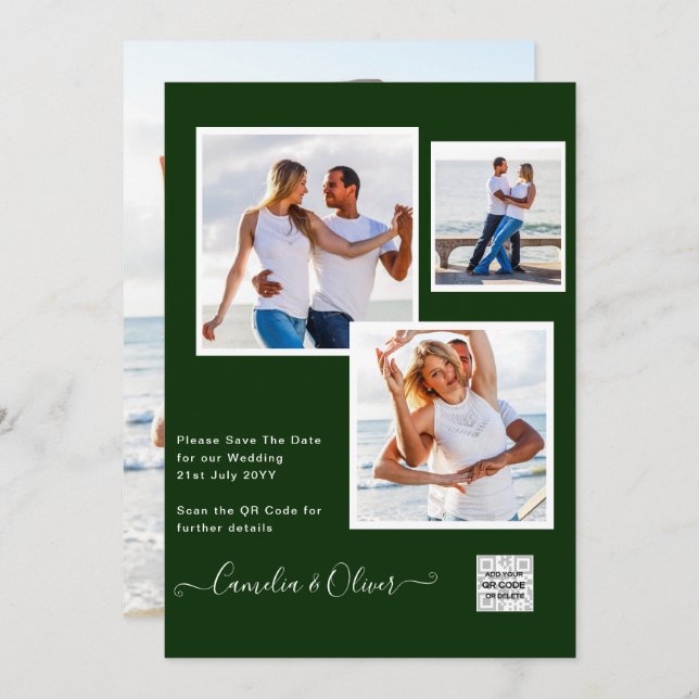 Modernes FOTO Hochzeit Einladung QR CODE UAwg Gree (Vorne/Hinten)
