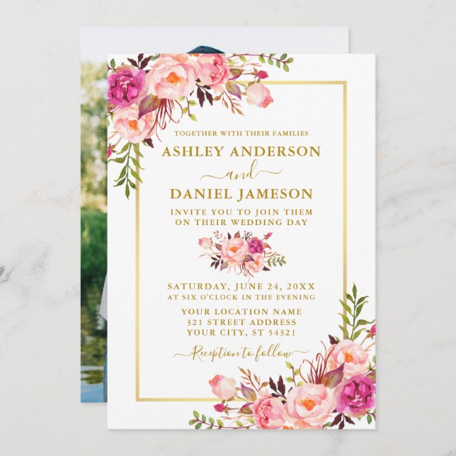 Modernes Foto in Aquarellfarbe Rosa Blütenfarben H Einladung (Vorne/Hinten)