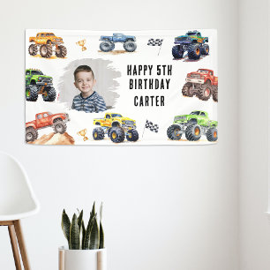 Modernes Foto   Kinder Monster Trucks Geburtstagsp Banner