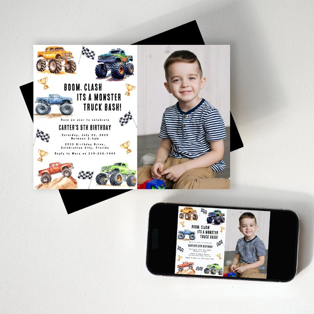 Modernes Foto | Kinder Monster Trucks Geburtstagsp Einladung (Von Creator hochgeladen)