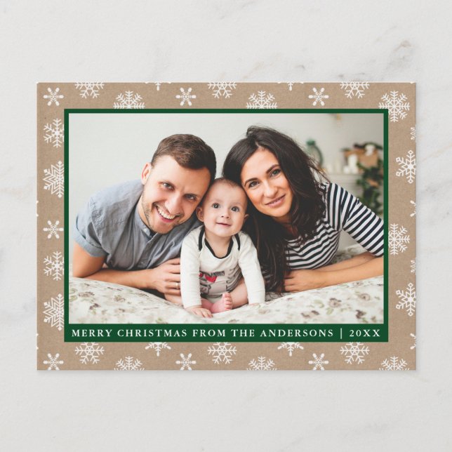 Modernes Foto Kraft Snowflake Holiday Green Postkarte (Vorderseite)