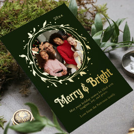 Modernes Foto Merry & Bright Script Wreath Folien Feiertagskarte