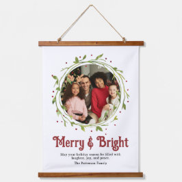 Modernes Foto Merry & Bright Script Wreath Wandteppich Mit Holzrahmen