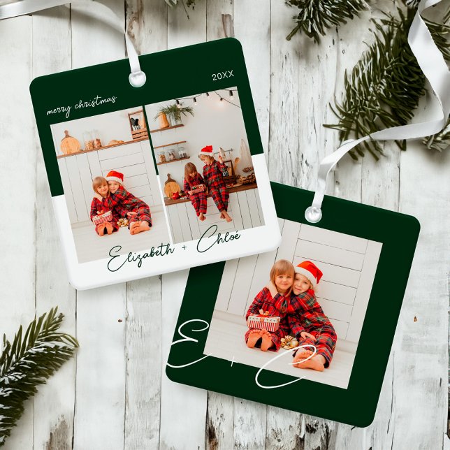 Modernes Foto mit angesagtem Grün- und Weißnamen M Ornament Aus Metall (Modern Trendy Green & White Name Monogram 3 Photo Metal Ornament)