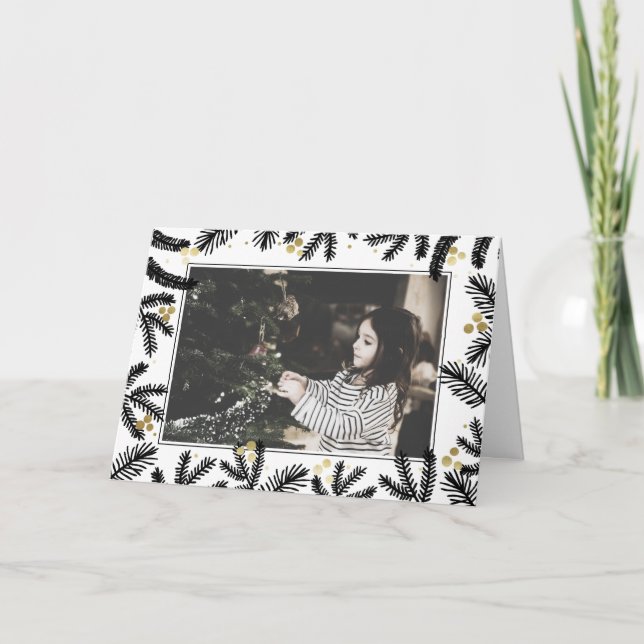 Modernes Foto mit Black & Gold Pine und Berries Karte (Vorderseite)