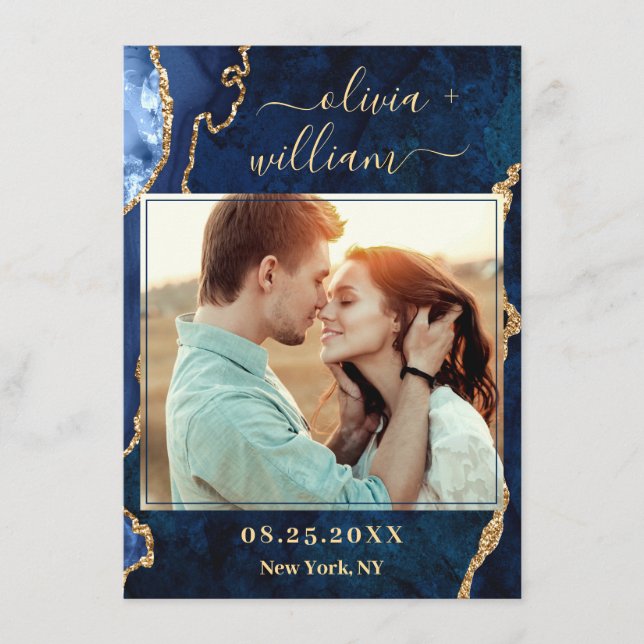 Modernes FOTO mit blauem Marmor Save The Date (Vorderseite)