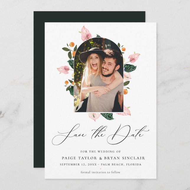 Modernes Foto mit Blumenrahmen Save the Date (Vorne/Hinten)