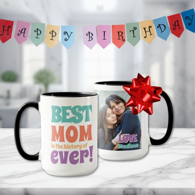 Modernes Foto mit der besten Mama Kinder benennen  Tasse (best mom ever mug with photo and kids signature with fun colorful modern typography for Mother's Day)