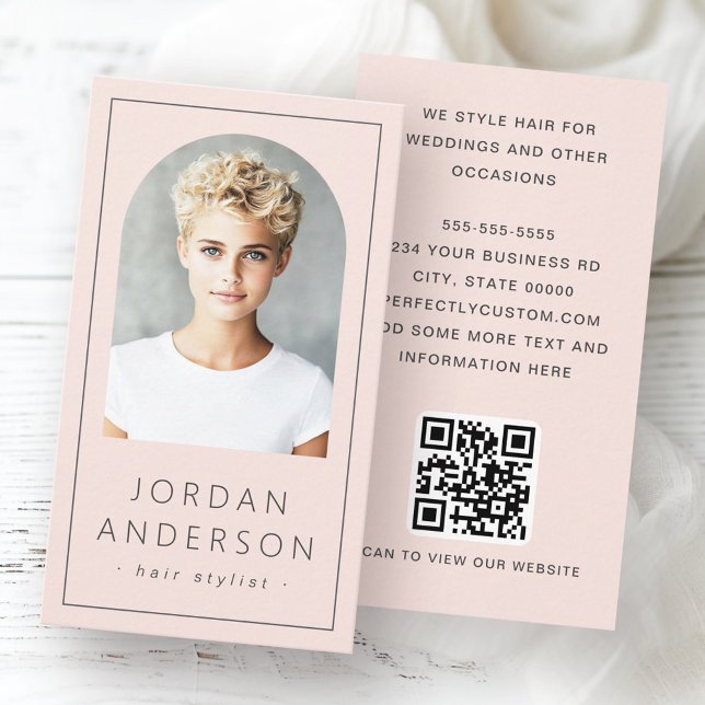 Modernes Foto mit dünner Grenze QR-Code hellrosa Visitenkarte (Modern arch photo thin border QR code light pink Business Card)