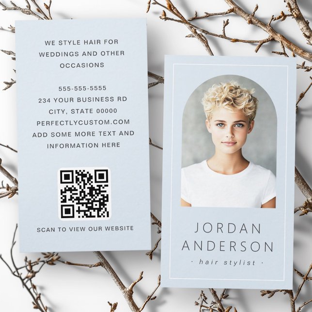 Modernes Foto mit dünner Grenze QR-Code leuchtet b Visitenkarte (Modern arch photo thin border QR code light blue Business Card)