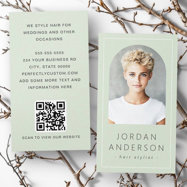 Modernes Foto mit dünner Grenze QR-Code leuchtet g Visitenkarte (Modern arch photo thin border QR code light green Business Card)