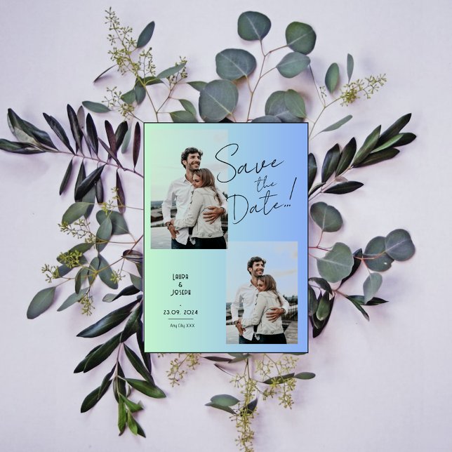 Modernes Foto mit grünblauem Gefälle Save the Date Einladung (Von Creator hochgeladen)