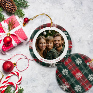 Modernes Foto mit roten und grünen Schneeflocken Keramik Ornament