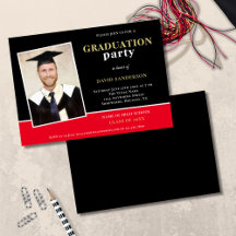 Modernes Foto Name Gold Black Red Grad Party