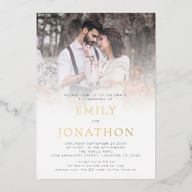 Modernes Foto Overlay QR Code Hochzeit Luxus Real Folieneinladung (Vorderseite)