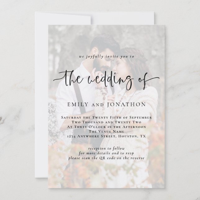 Modernes Foto-Overlay QR-Code Hochzeitseinladung Einladung (Vorderseite)