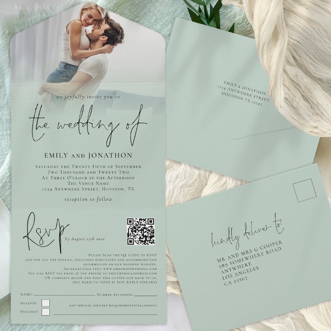 Modernes Foto-Overlay QR-Code-Sage-Skript Hochzeit All In One Einladung (All in one with your recipients' names and addresses)