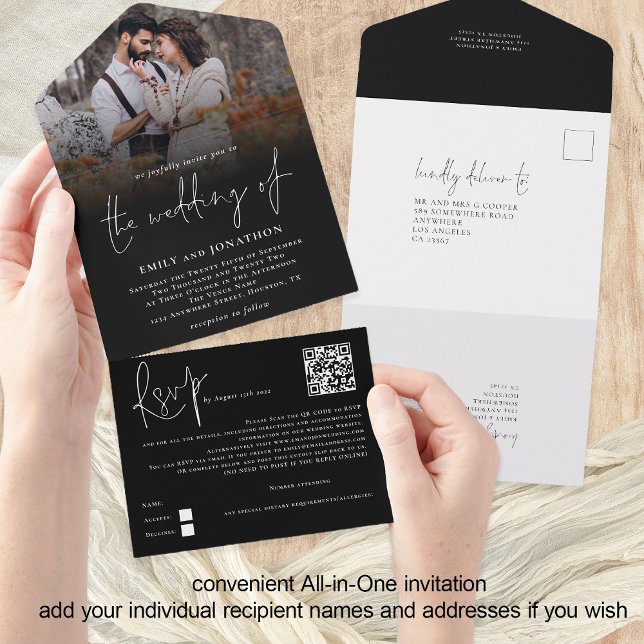 Modernes Foto-Overlay QR-Code-Skript Hochzeit Schw All In One Einladung (All in one Wedding Invitation tear off rsvp or reply via QR code. Recipient Name & Address)