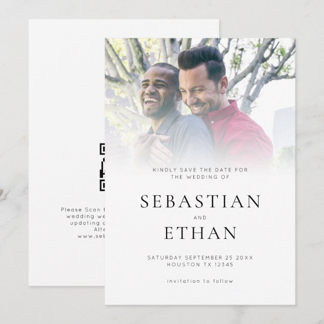 Modernes Foto-Overlay QR Gay Wedding Save the Date (Vorne/Hinten)